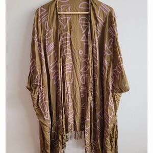 Village Thrive Olive Green Kimono Cardigan with Lilac/Pink Geometric Print